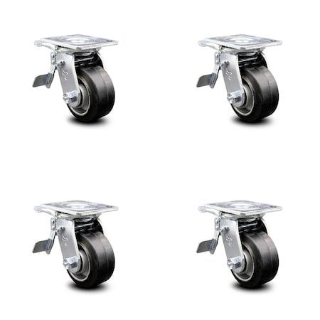 Service Caster 4 Inch Rubber on Aluminum Caster Set with Ball Bearing and Total Lock Brake SCC SCC-TTL30S420-RAB-4